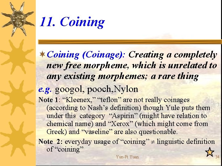 11. Coining ¬Coining (Coinage): Creating a completely new free morpheme, which is unrelated to