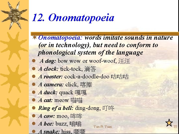 12. Onomatopoeia ¬ Onomatopoeia: words imitate sounds in nature (or in technology), but need