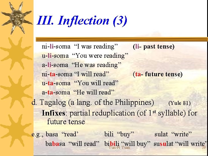 III. Inflection (3) ni-li-soma “I was reading” (li- past tense) u-li-soma “You were reading”