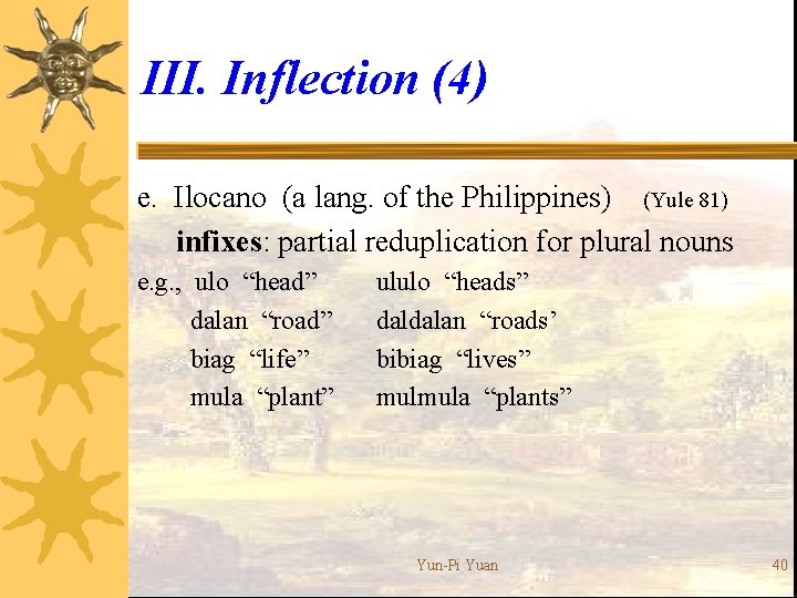 III. Inflection (4) e. Ilocano (a lang. of the Philippines) (Yule 81) infixes: partial