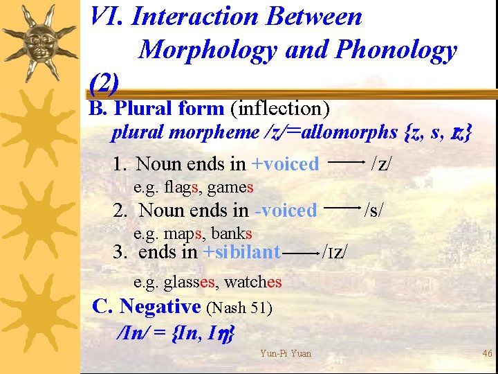 VI. Interaction Between Morphology and Phonology (2) B. Plural form (inflection) plural morpheme /z/=allomorphs