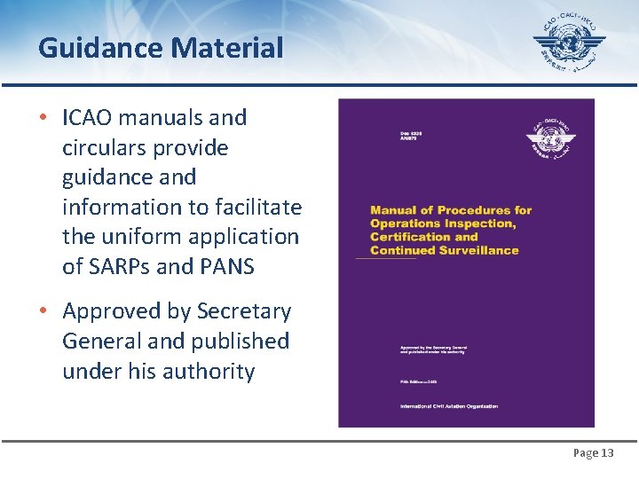 Guidance Material • ICAO manuals and circulars provide guidance and information to facilitate the