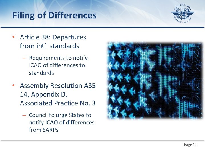 Filing of Differences • Article 38: Departures from int’l standards – Requirements to notify
