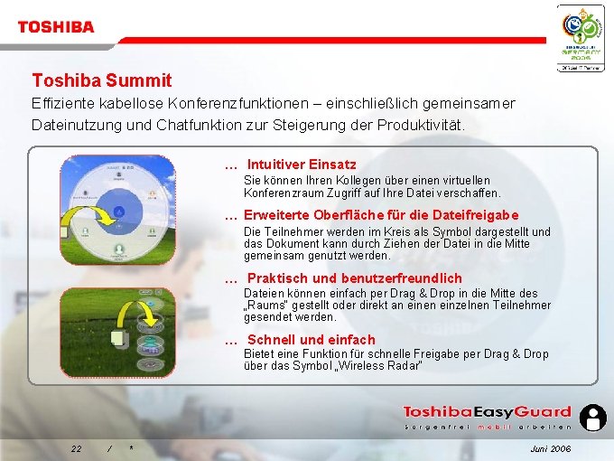 Toshiba Summit Effiziente kabellose Konferenzfunktionen – einschließlich gemeinsamer Dateinutzung und Chatfunktion zur Steigerung der