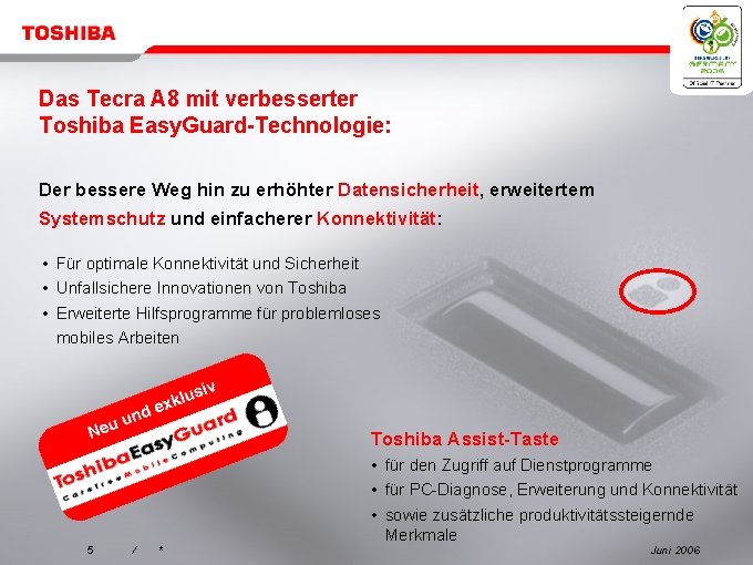 Das Tecra A 8 mit verbesserter Toshiba Easy. Guard-Technologie: Der bessere Weg hin zu