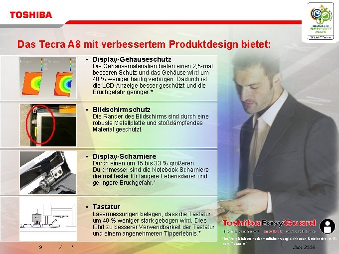 Das Tecra A 8 mit verbessertem Produktdesign bietet: • Display-Gehäuseschutz Die Gehäusematerialien bieten einen