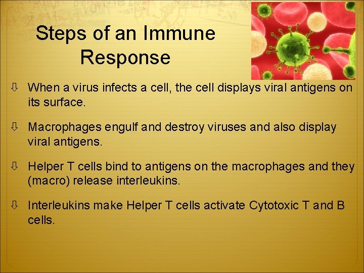 Steps of an Immune Response When a virus infects a cell, the cell displays