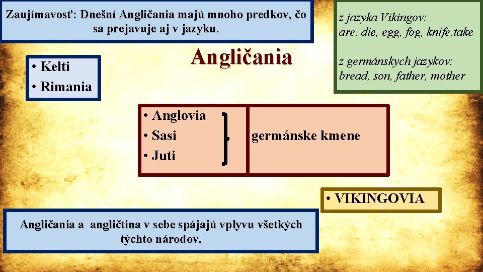 Zaujímavosť: Dnešní Angličania majú mnoho predkov, čo sa prejavuje aj v jazyku. • Kelti