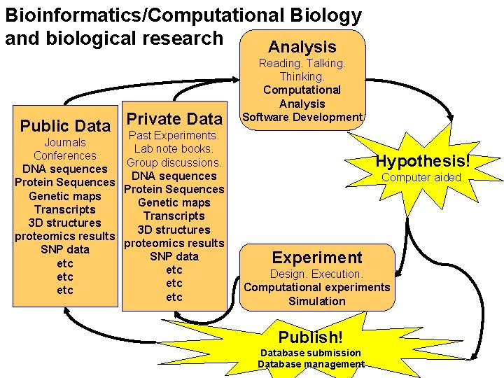 Bioinformatics/Computational Biology and biological research Analysis Data Public Data Private Past Experiments. Journals Lab