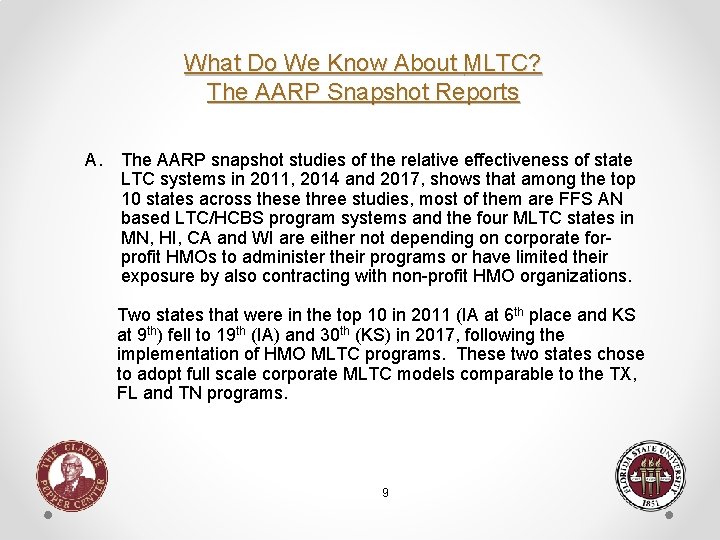 What Do We Know About MLTC? The AARP Snapshot Reports A. The AARP snapshot