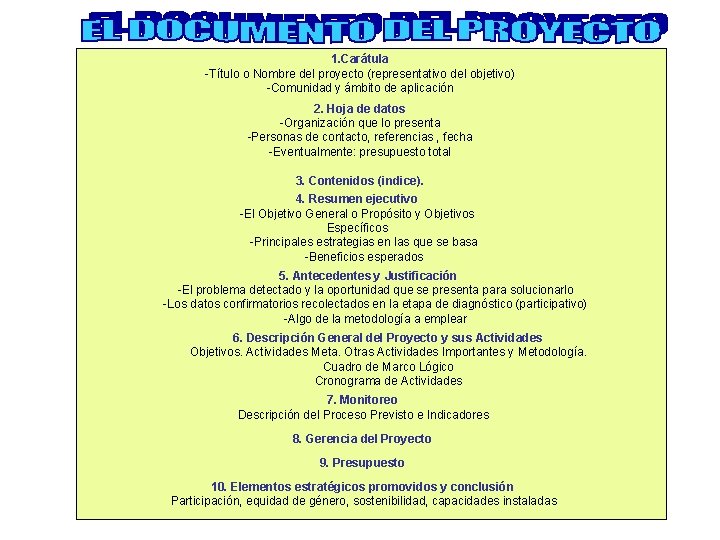 1. Carátula -Título o Nombre del proyecto (representativo del objetivo) -Comunidad y ámbito de