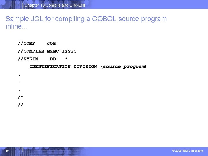 Chapter 10 Compile and Link-Edit Sample JCL for compiling a COBOL source program inline…