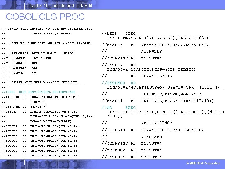 Chapter 10 Compile and Link-Edit COBOL CLG PROC //IGYWCLG PROC LNGPRFX='IGY. V 2 R