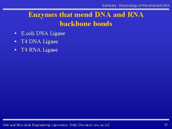 Summary : Enzymology of Recombinant DNA Enzymes that mend DNA and RNA backbone bonds