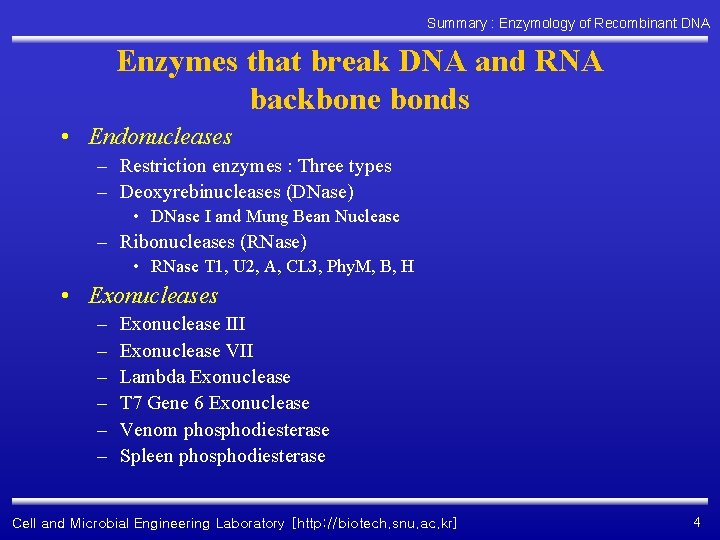 Summary : Enzymology of Recombinant DNA Enzymes that break DNA and RNA backbone bonds
