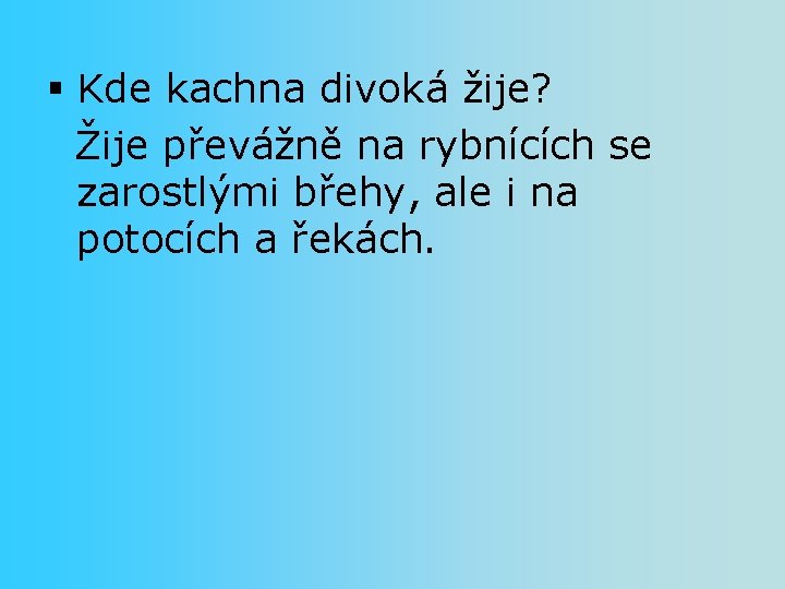 § Kde kachna divoká žije? Žije převážně na rybnících se zarostlými břehy, ale i