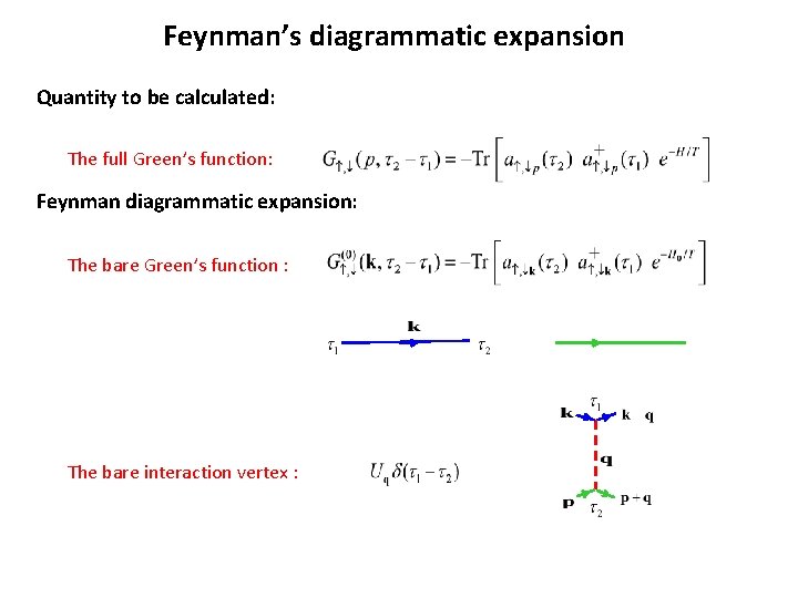 Feynman’s diagrammatic expansion Quantity to be calculated: The full Green’s function: Feynman diagrammatic expansion: