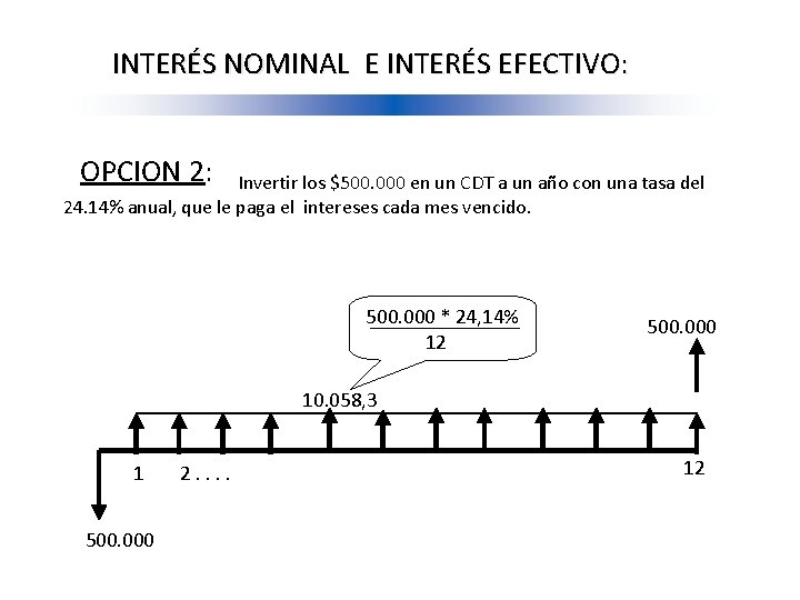 INTERÉS NOMINAL E INTERÉS EFECTIVO: OPCION 2: Invertir los $500. 000 en un CDT