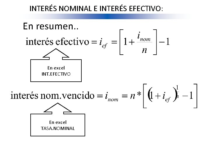 INTERÉS NOMINAL E INTERÉS EFECTIVO: En resumen. . En excel INT. EFECTIVO En excel