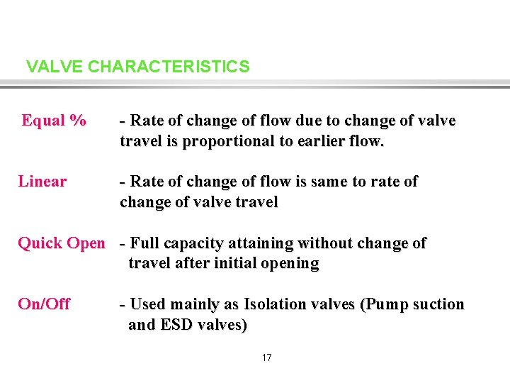 VALVE CHARACTERISTICS Equal % - Rate of change of flow due to change of