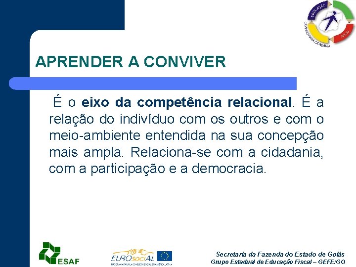 APRENDER A CONVIVER É o eixo da competência relacional. É a relação do indivíduo