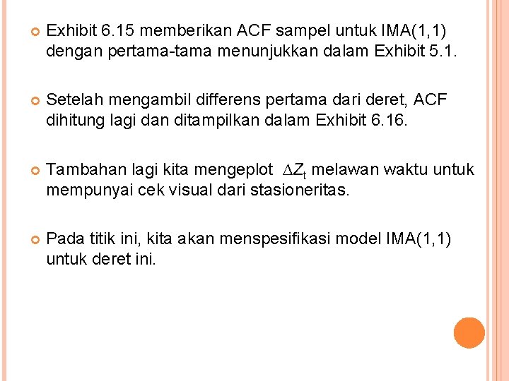  Exhibit 6. 15 memberikan ACF sampel untuk IMA(1, 1) dengan pertama-tama menunjukkan dalam