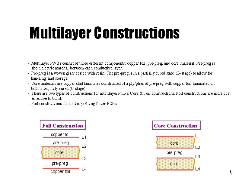 Multilayer Constructions - Multilayer PWBs consist of three different components: copper foil, pre-preg, and