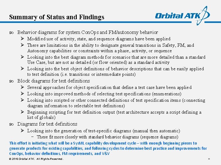Summary of Status and Findings Behavior diagrams for system Con. Ops and FM/autonomy behavior