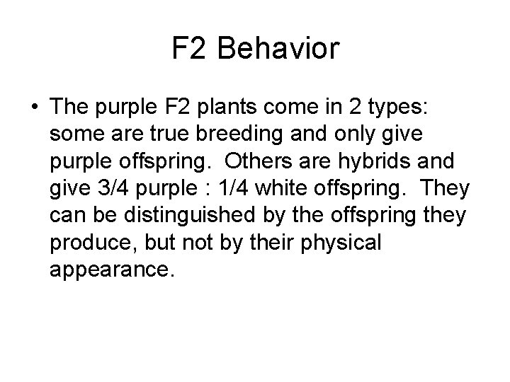 F 2 Behavior • The purple F 2 plants come in 2 types: some