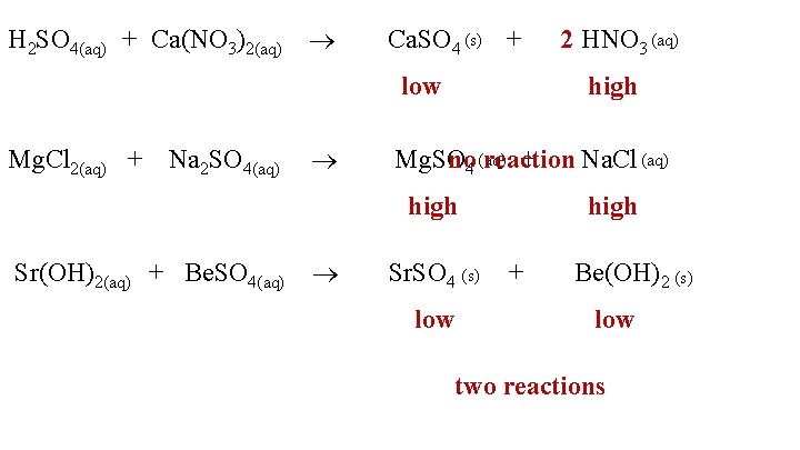 H 2 SO 4(aq) + Ca(NO 3)2(aq) Ca. SO 4 (s) + low Mg.