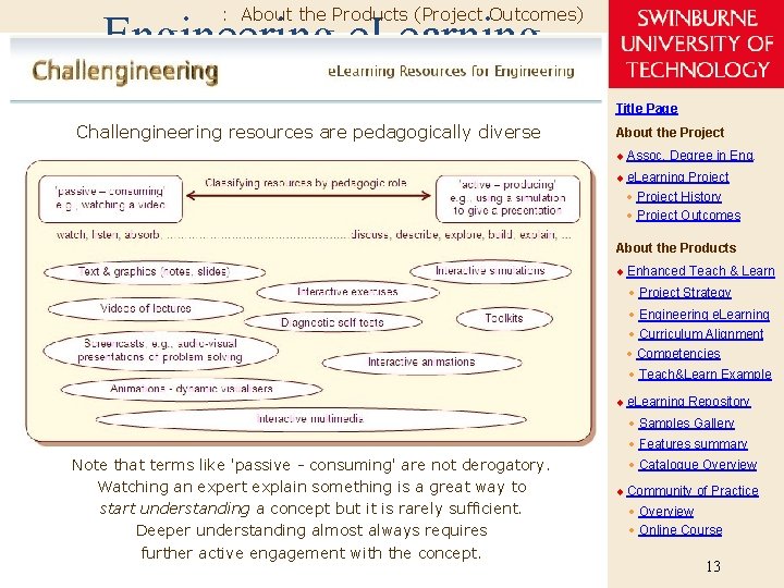 : About the Products (Project Outcomes) Engineering e. Learning Title Page Challengineering resources are