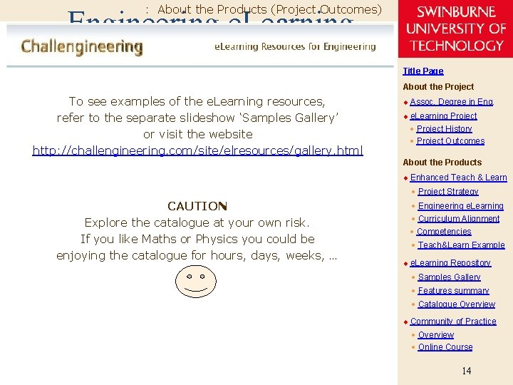 : About the Products (Project Outcomes) Engineering e. Learning Title Page About the Project