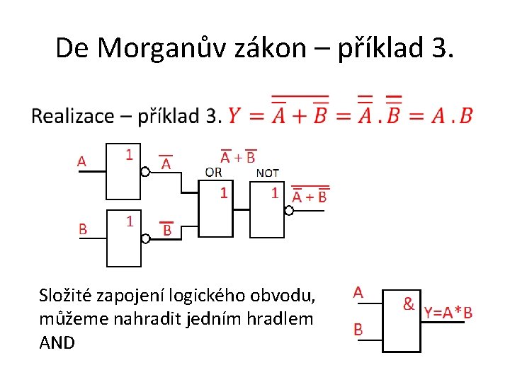 De Morganův zákon – příklad 3. • Složité zapojení logického obvodu, můžeme nahradit jedním