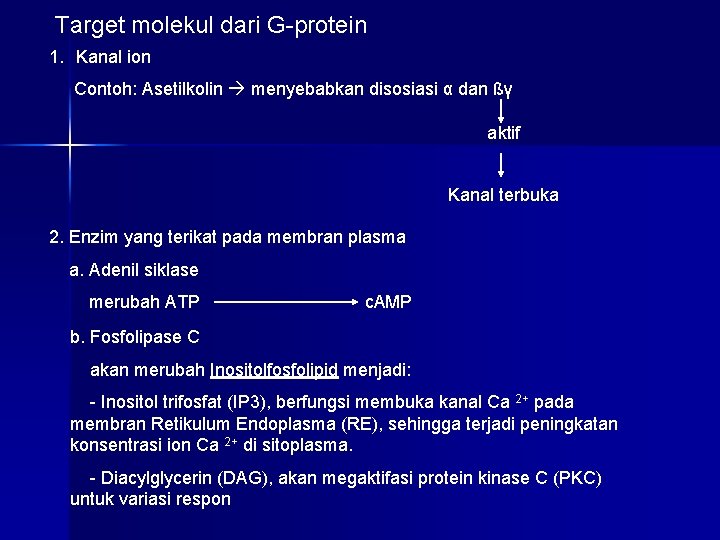 Target molekul dari G-protein 1. Kanal ion Contoh: Asetilkolin menyebabkan disosiasi α dan ßγ