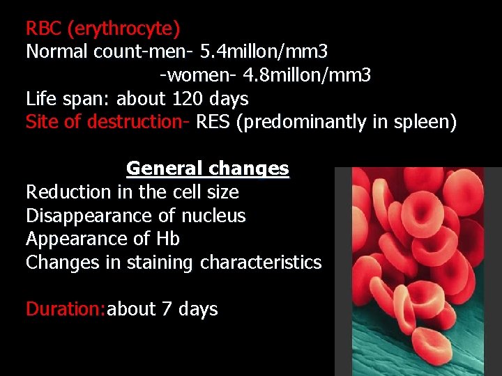 RBC (erythrocyte) Normal count-men- 5. 4 millon/mm 3 -women- 4. 8 millon/mm 3 Life