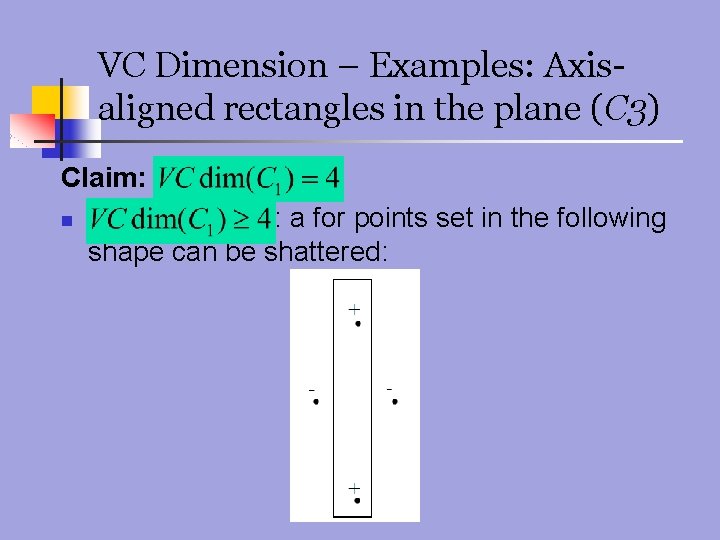 VC Dimension – Examples: Axisaligned rectangles in the plane (C 3) Claim: n :