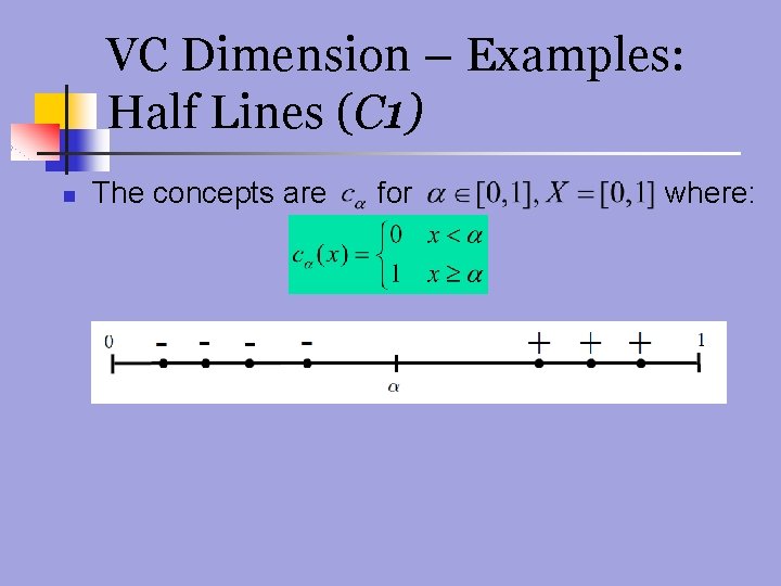 VC Dimension – Examples: Half Lines (C 1) n The concepts are for where: