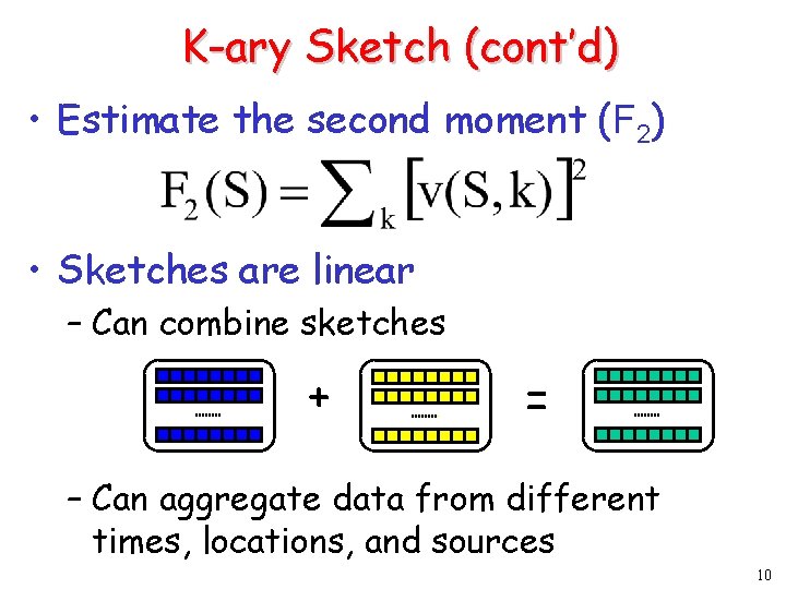 K-ary Sketch (cont’d) • Estimate the second moment (F 2) • Sketches are linear