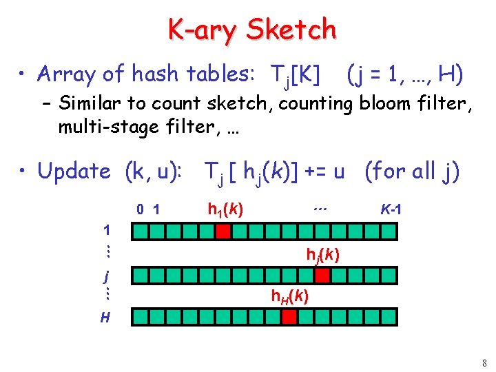 K-ary Sketch • Array of hash tables: Tj[K] (j = 1, …, H) –
