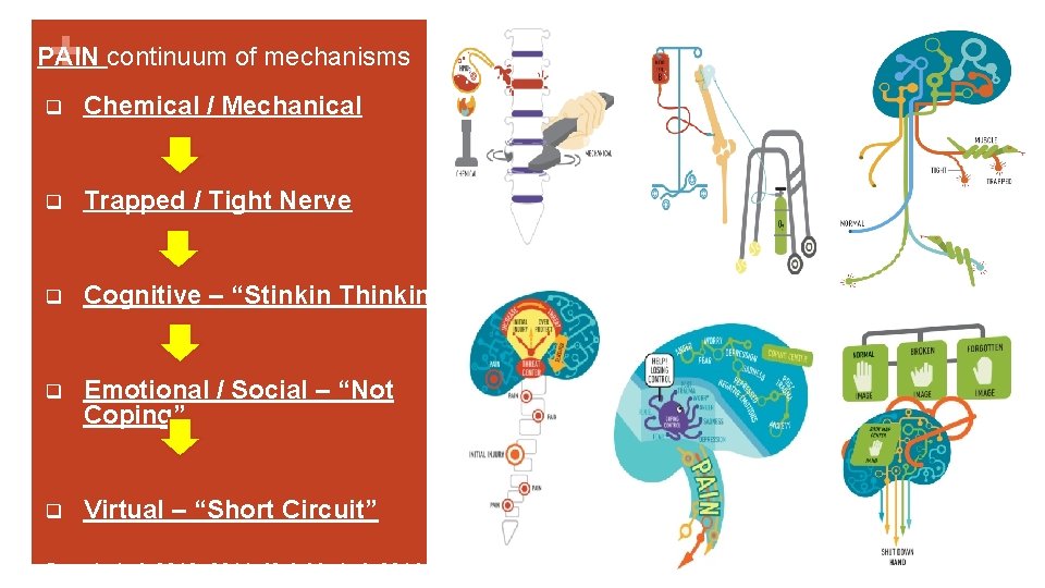 + PAIN continuum of mechanisms q Chemical / Mechanical q Trapped / Tight Nerve