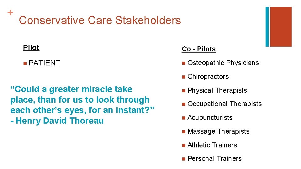 + Conservative Care Stakeholders Pilot Co - Pilots n PATIENT n Osteopathic Physicians n