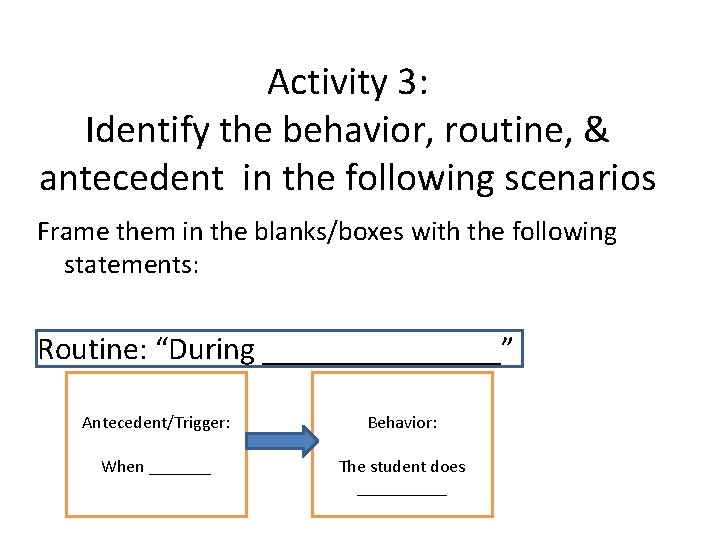 Activity 3: Identify the behavior, routine, & antecedent in the following scenarios Frame them