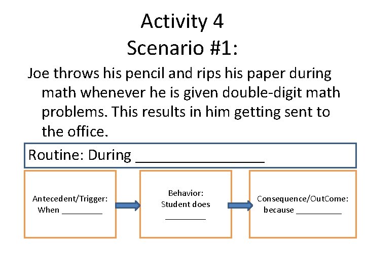 Activity 4 Scenario #1: Joe throws his pencil and rips his paper during math