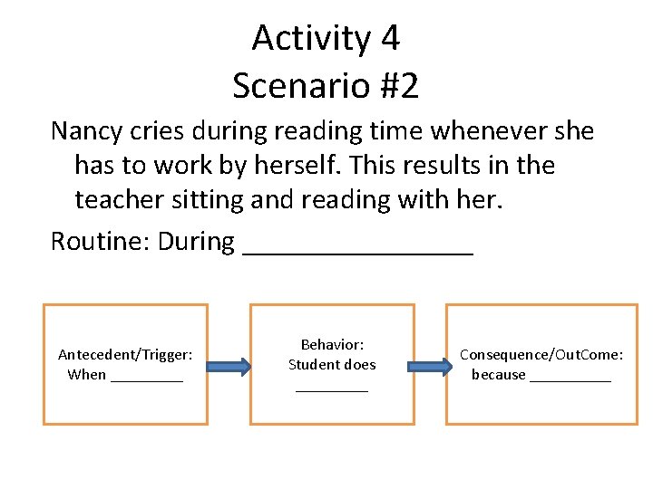 Activity 4 Scenario #2 Nancy cries during reading time whenever she has to work