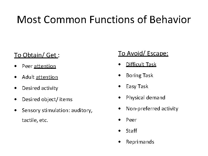 Most Common Functions of Behavior To Obtain/ Get : To Avoid/ Escape: · Peer
