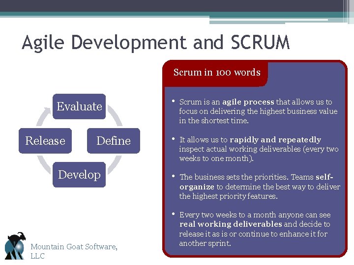 Agile Development and SCRUM Scrum in 100 words Evaluate Release Define Develop Mountain Goat