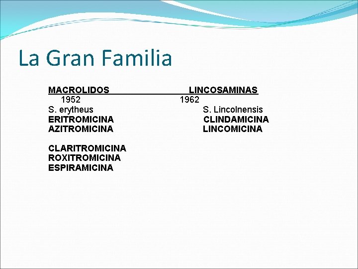 La Gran Familia MACROLIDOS LINCOSAMINAS 1952 1962 S. erytheus S. Lincolnensis ERITROMICINA CLINDAMICINA AZITROMICINA