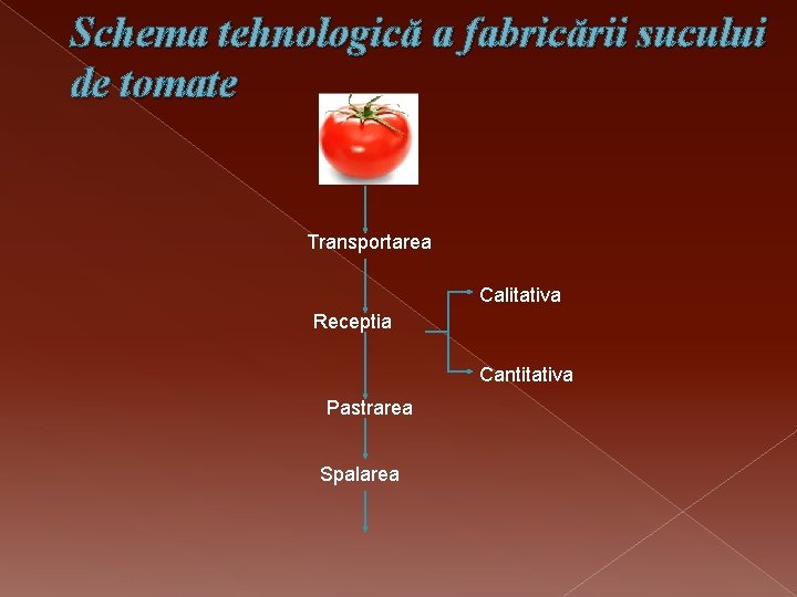 Schema tehnologică a fabricării sucului de tomate Transportarea Calitativa Receptia Cantitativa Pastrarea Spalarea 