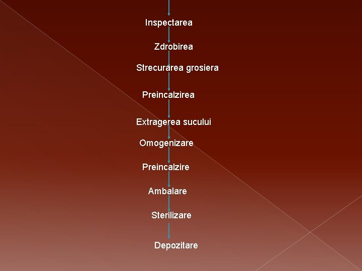 Inspectarea Zdrobirea Strecurarea grosiera Preincalzirea Extragerea sucului Omogenizare Preincalzire Ambalare Sterilizare Depozitare 