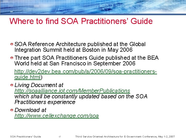 Where to find SOA Practitioners’ Guide SOA Reference Architecture published at the Global Integration